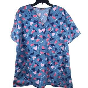 Bannock Court V-Neck Scrub Top Size 2X Watermelon Hearts Summer Medical Dental